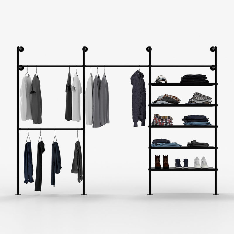 Industrial clothes rack with metal shelves