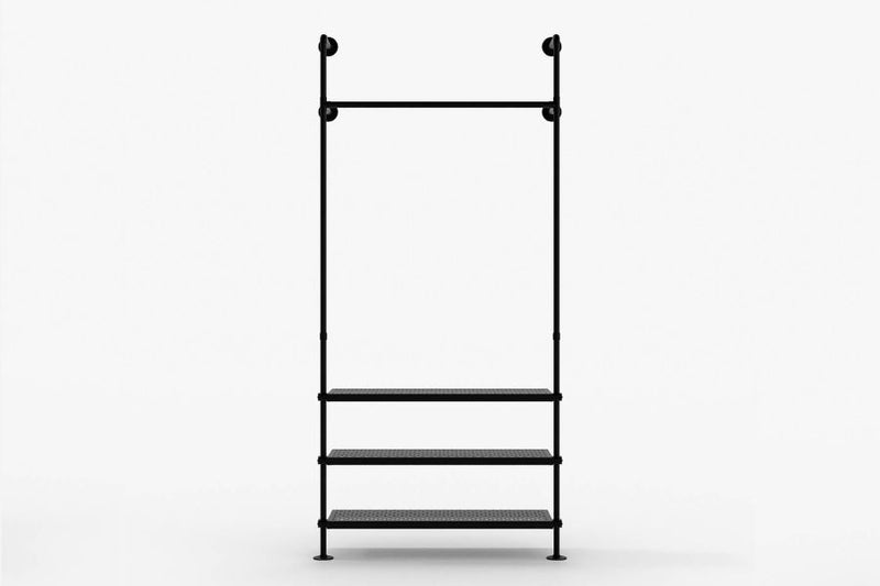 Metal clothes rail with black height adjustable shelves