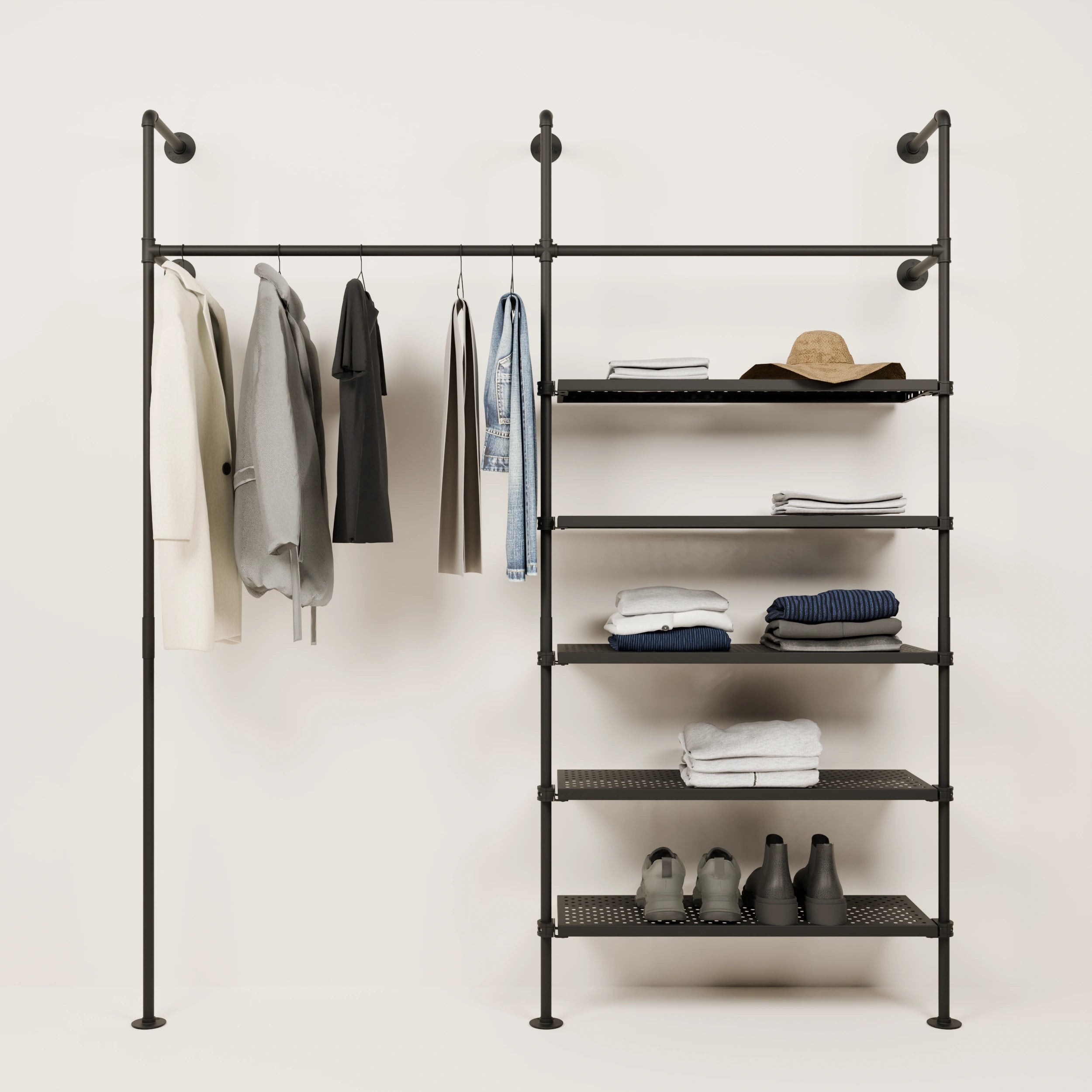 Clothes rail with metal shelves