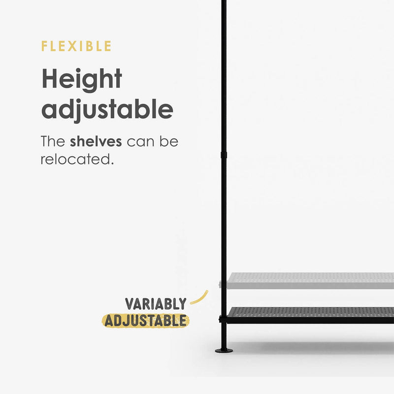 Height adjustable metal shelves for clothes rail