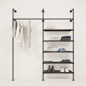Clothes rail with metal shelves