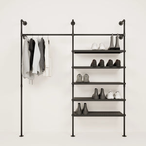 Clothes rail with metal shelves