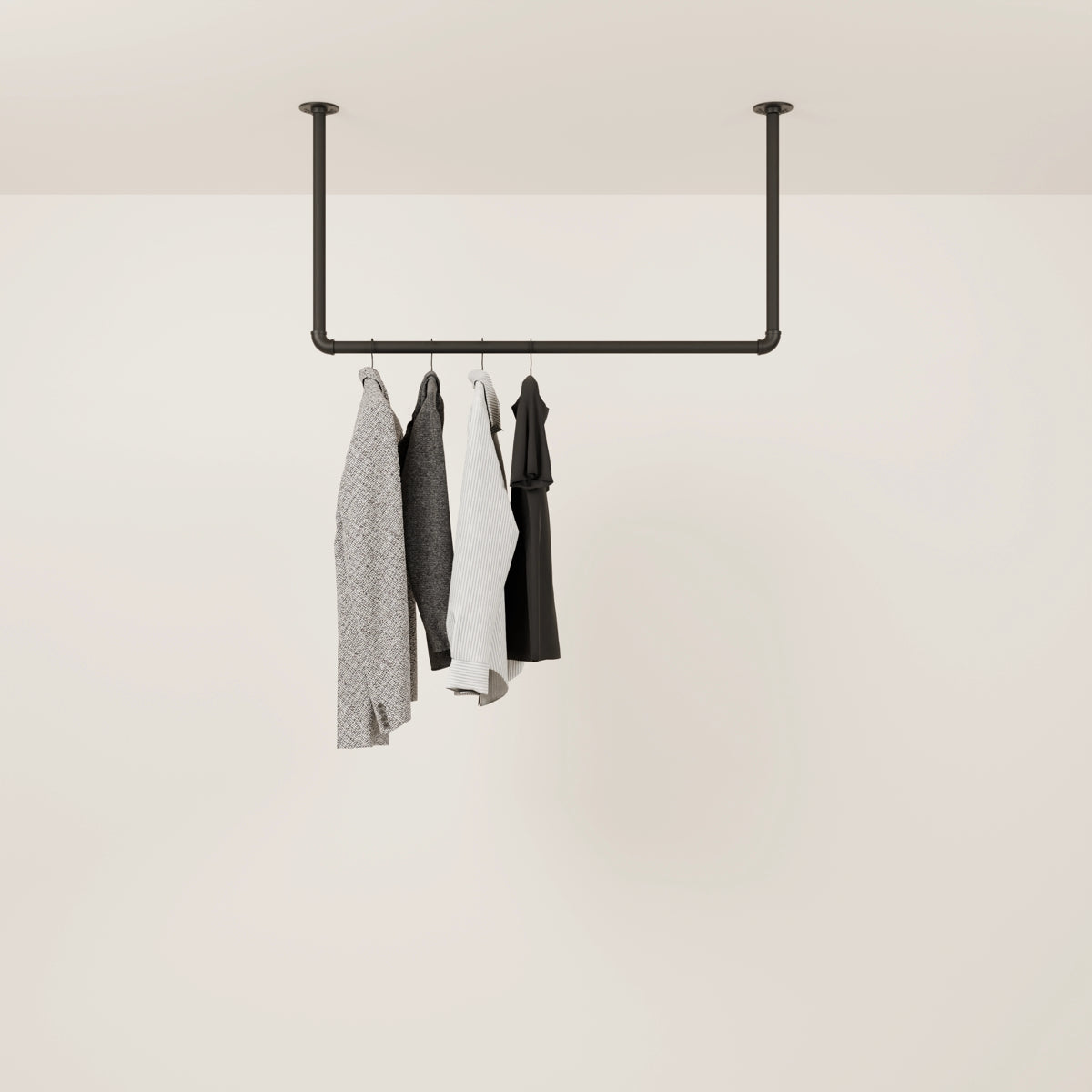 Ceiling mounted clothes rail with t-shirts