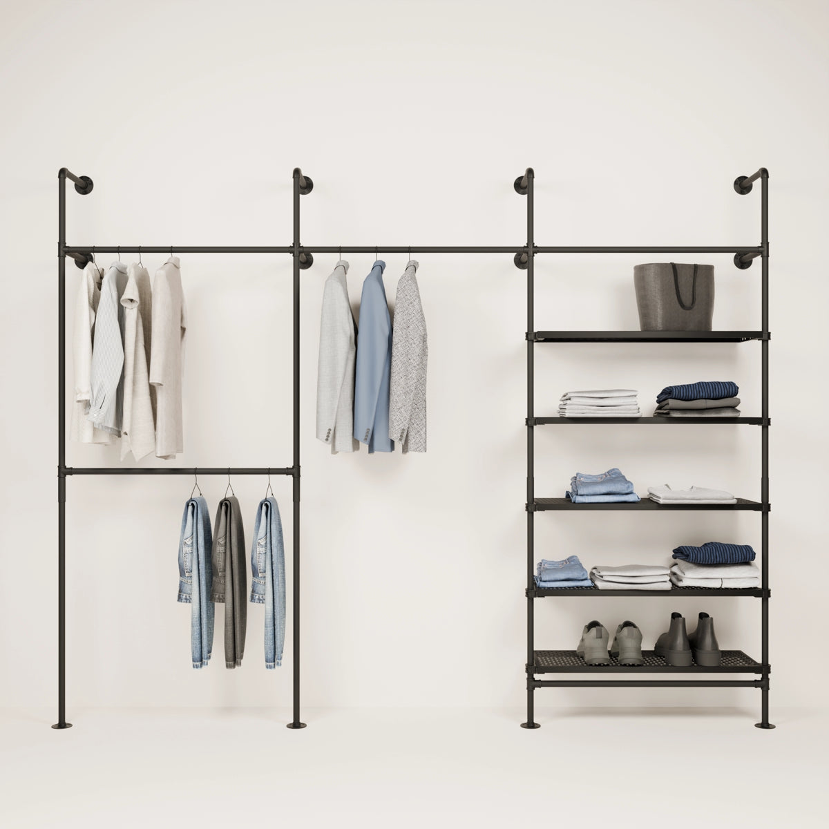 Industrial clothes rack with metal shelves