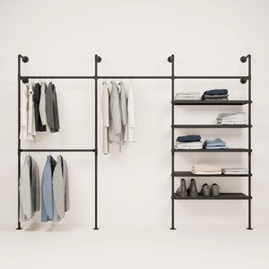 Industrial clothes rack with metal shelves