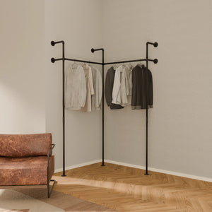 Industrial wall mounted corner clothes rail