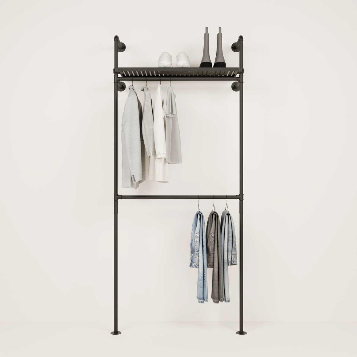 Wall mounted clothes rack with metal shelf
