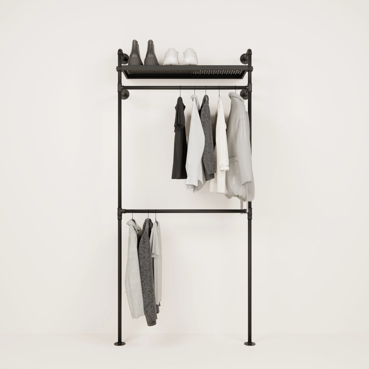 Wall mounted clothes rack with metal shelf