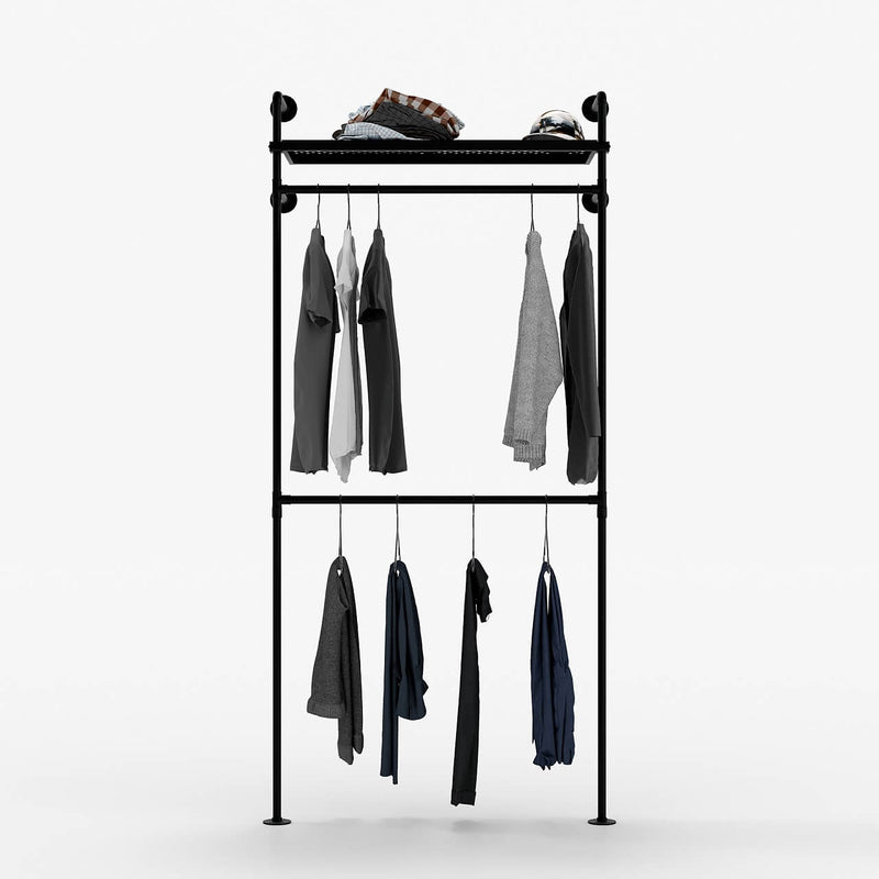 Wall mounted clothes rack with metal shelf