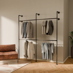 Open wardrobe rail with clothes