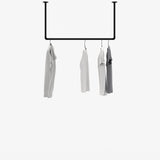 Ceiling mounted clothes rail with t-shirts