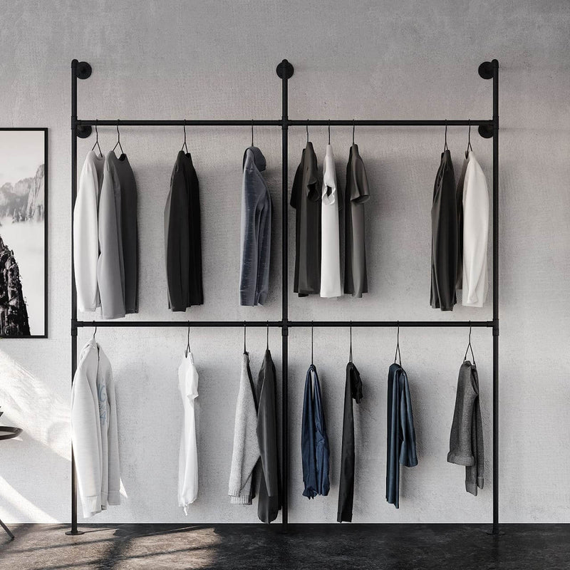 Open wardrobe rail with clothes